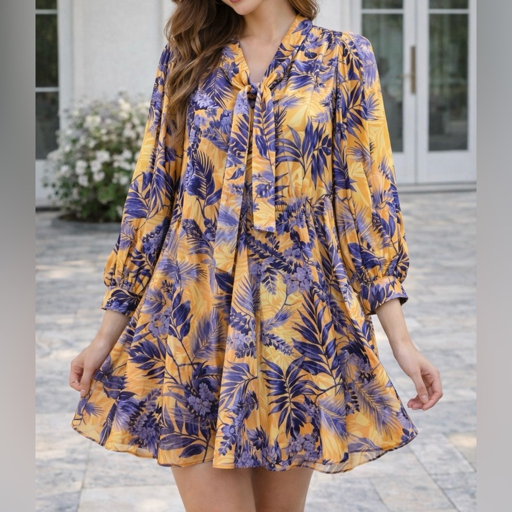Vibrant yellow & blue flowy mini dress. CQbyCQ. Women’s Size Small.